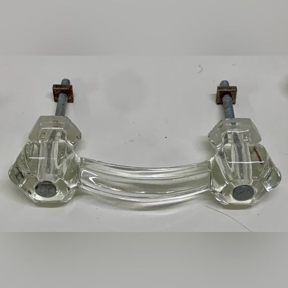 (Lot of 4) Early 1900s Clear Molded Glass Drawer Bridge Pull Handles w/ hardware - Picture 2 of 10